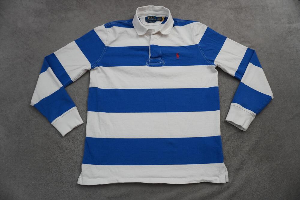 Polo Ralph Lauren Rugby Polo Shirt Mens Medium Blue White Stripe Long Sleeve